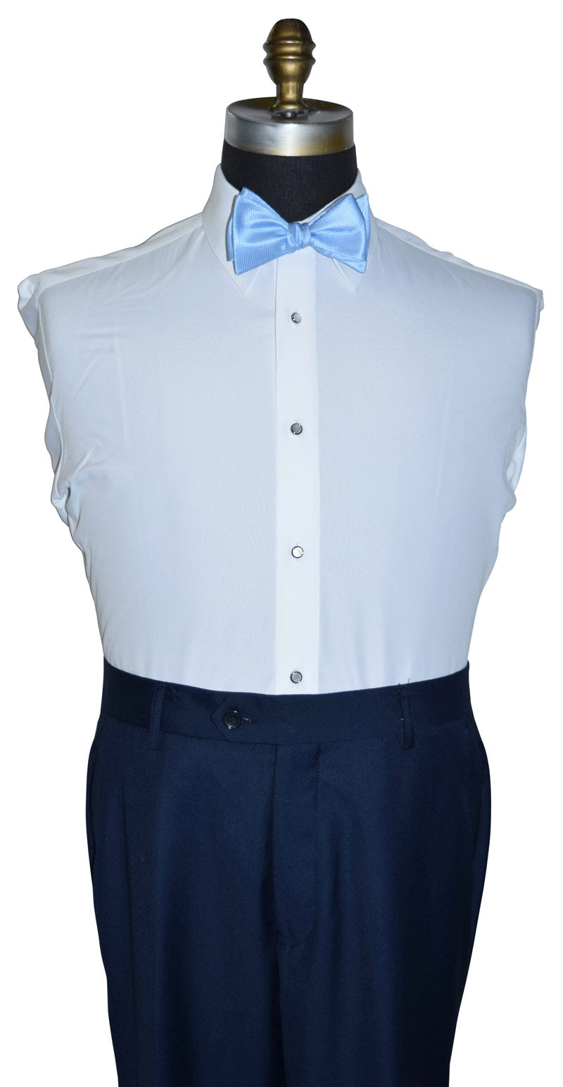 White dress shirt with a blue bow tie on a mannequin against a white background