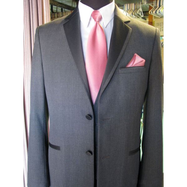 Charcoal Gray Tuxedo with Matching 3 Button Vest and Sangria Wine Satin Dress Tie