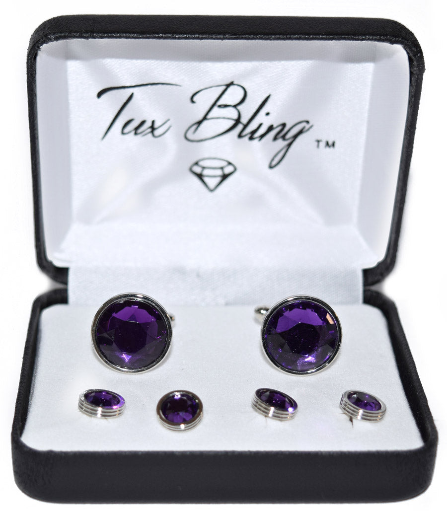 Purple gemstone cufflinks and studs set in Tux Bling box