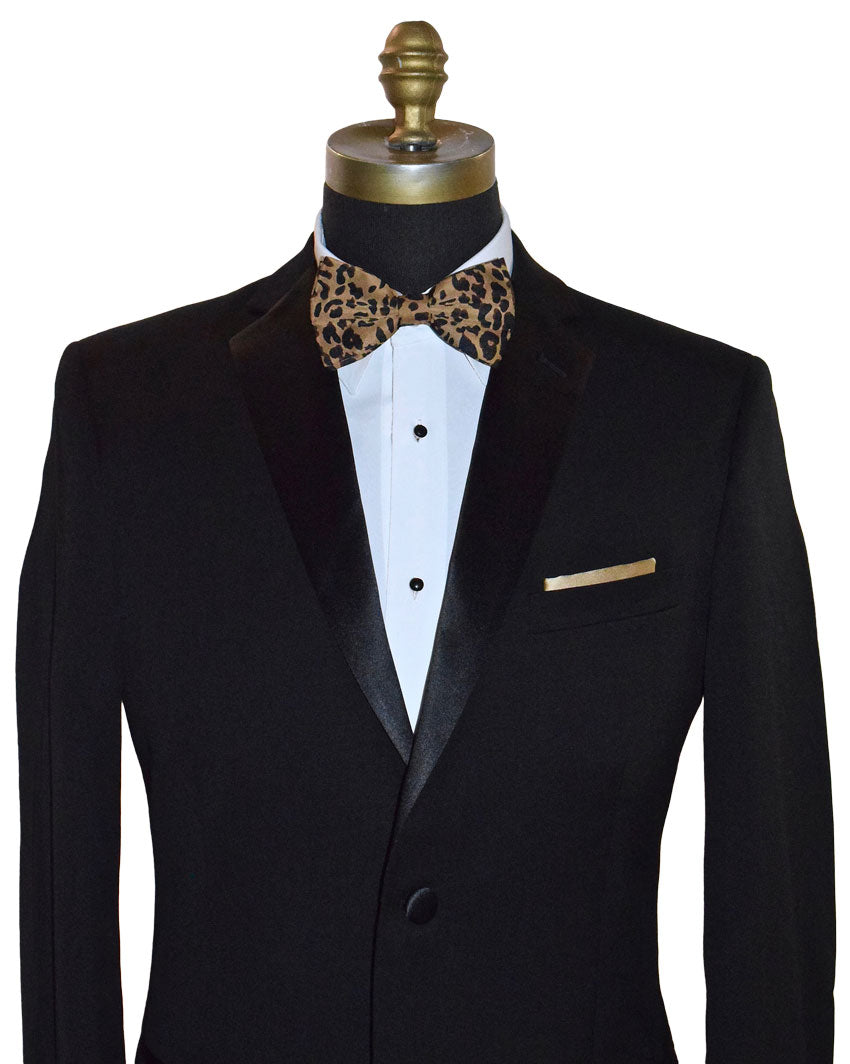 Black tuxedo with a leopard print bow tie on a mannequin against a white background