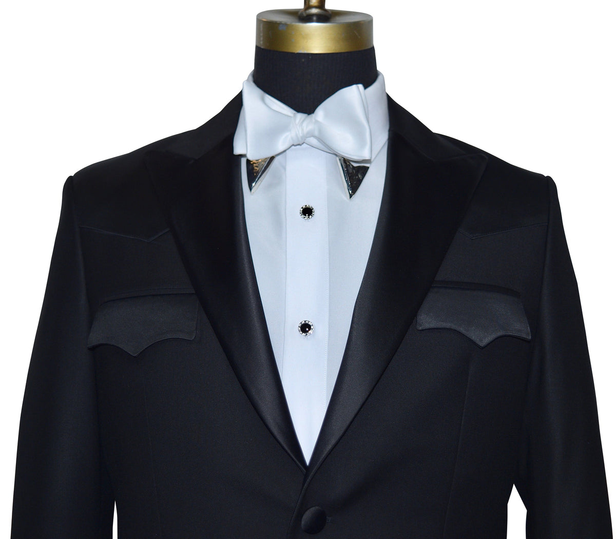 mannequin wearing a western tuxedo with black onyx cufflinks and studs with crystals