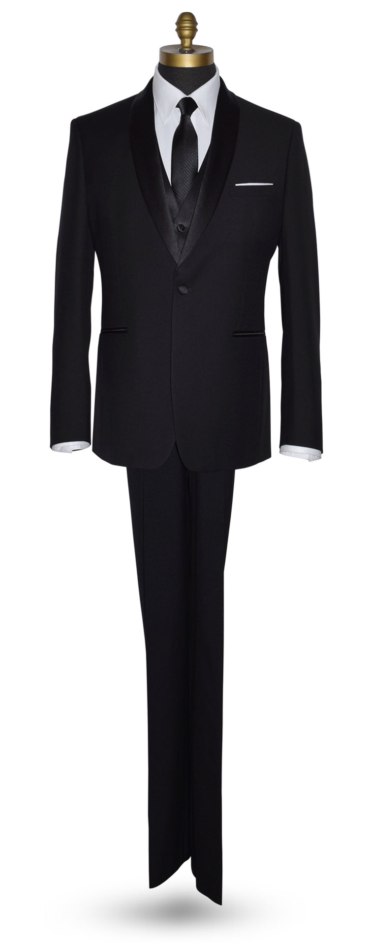 life size mannequin wearing Black three-piece suit with a with a white shirt and black necktie with subtle stripe on a mannequin.