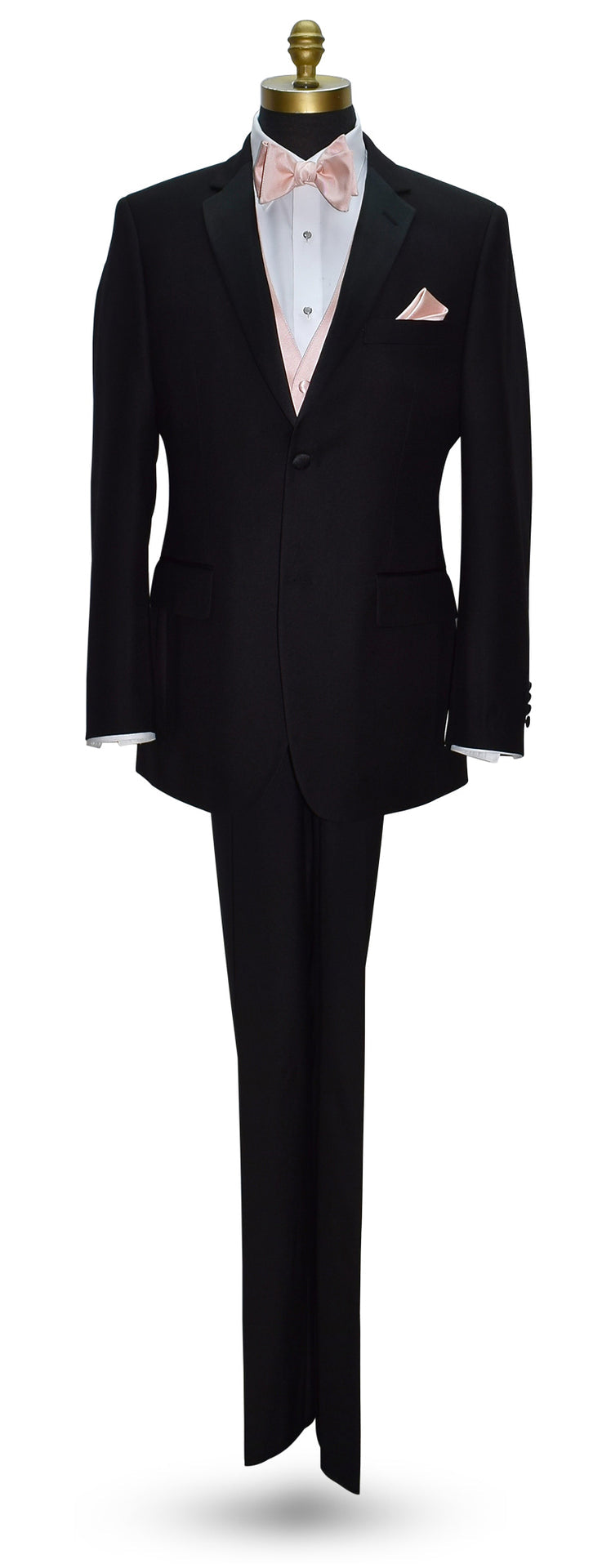 life size full mannequin wearing a black tuxedo with blush "tie-yourself" bow tie and pocket square against a white background