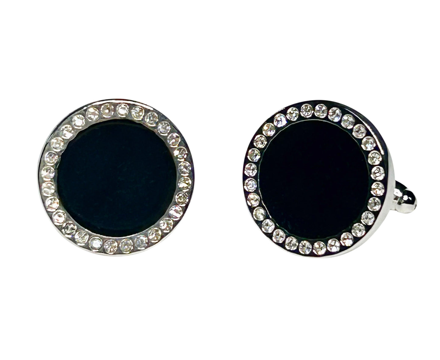 Round cufflinks with black center and cubic zirconia crystals silver border on a white background