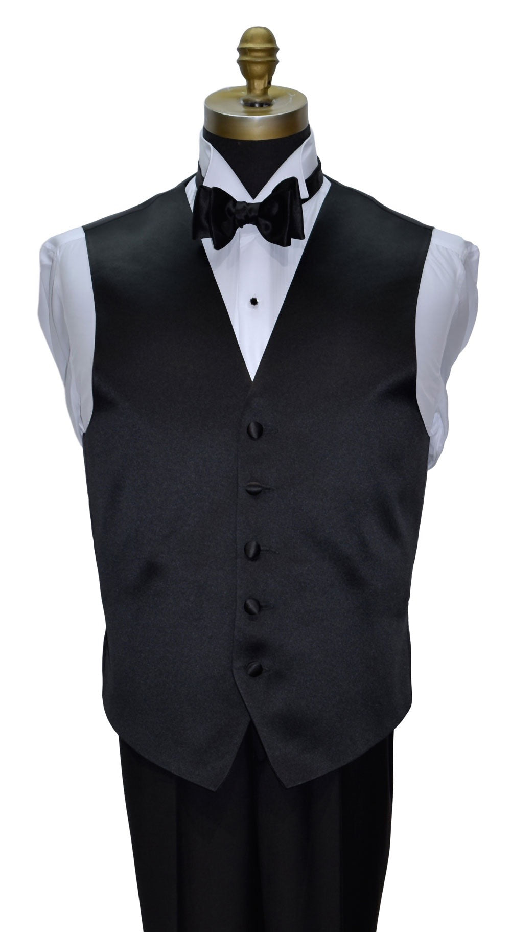 mannequin wearing a white tuxedo shirt with a black satin five button tuxedo vest against a white background