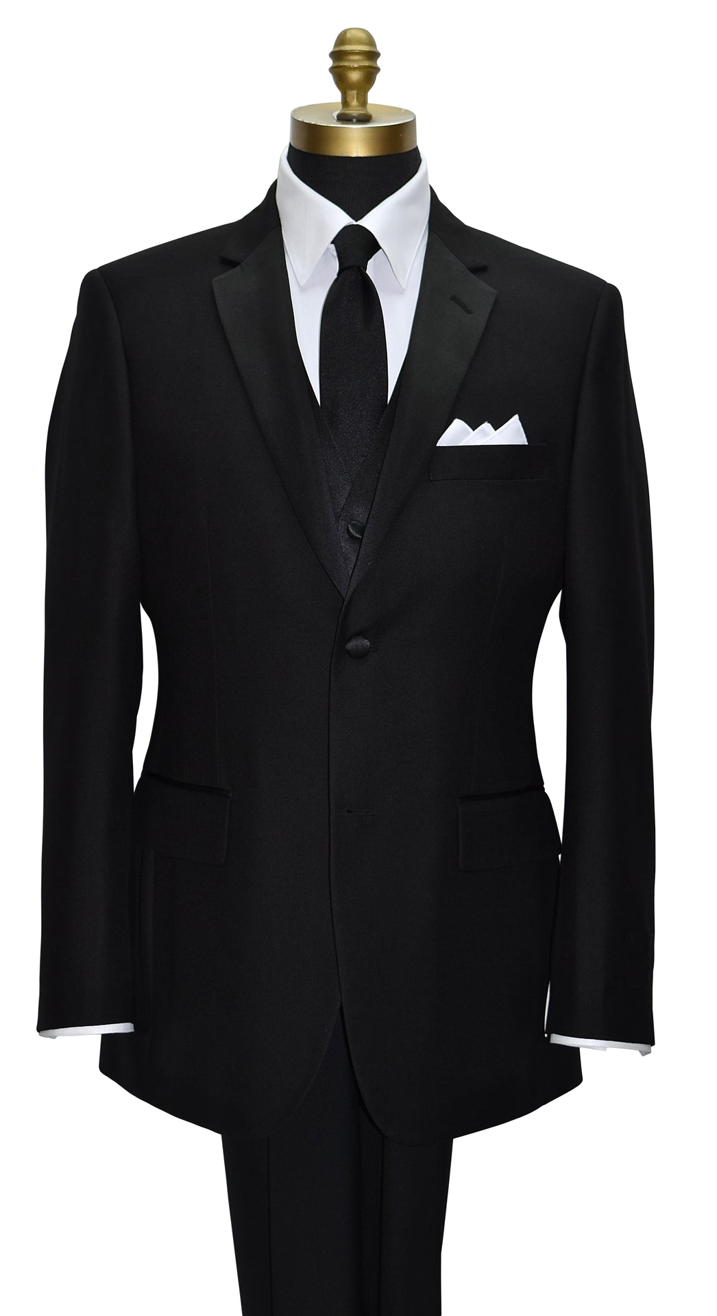 close-up black notch lapel tuxedo with a white tuxedo shirt and a long black necktie and a four-button black tuxedo vest against a white background