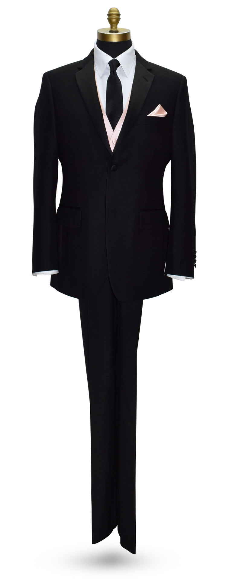 life size mannequin wearing a black wedding suit with a white dress shirt with a blush tuxedo vest and black "medium width" satin necktie against a white background