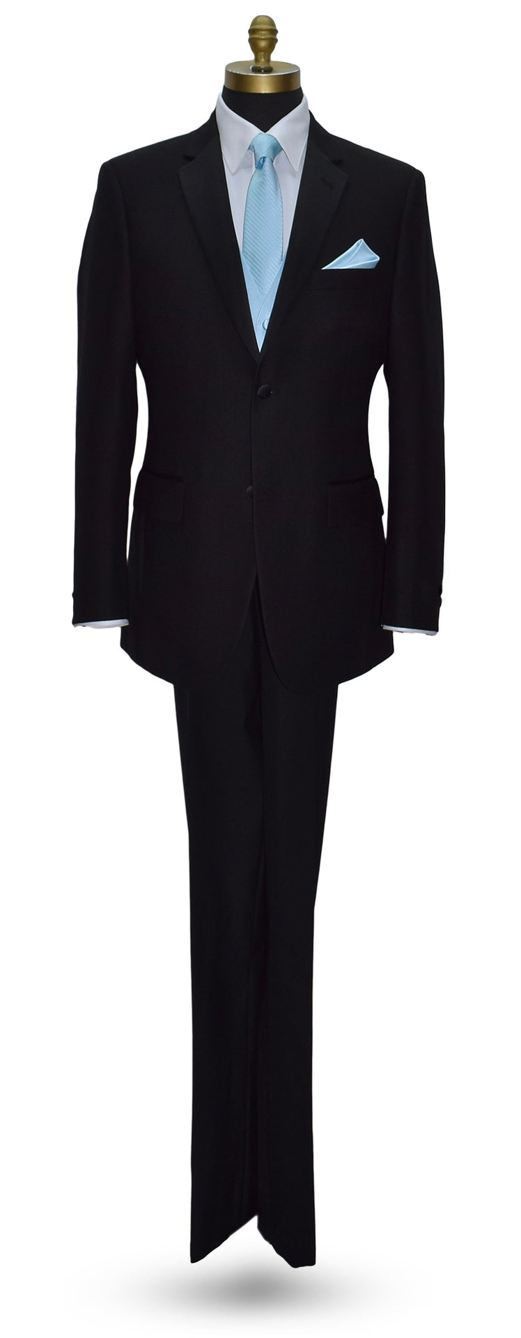 life-size mannequin wearing a black tuxedo with a capri-blue tuxedo vest and capri-blue striped necktie and pocket handkerchief against a white background