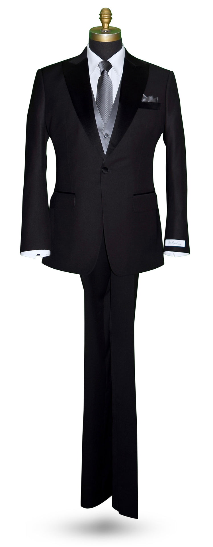 life size mannequin wearing a black peak lapel tuxedo with a white shirt and charcoal satin vest and charcoal subtle stripe necktie against a white background