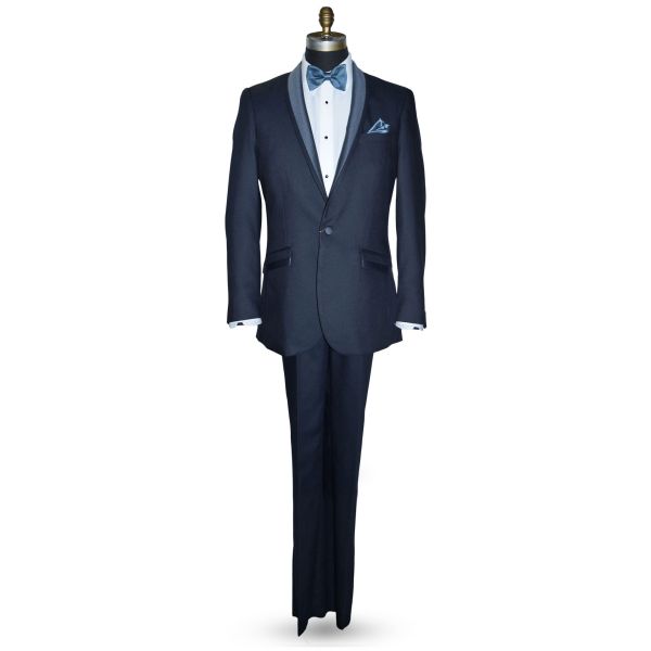 life size mannequin wearing a blue tuxedo with a serene bue "tie-yourself" bowtie against a white background