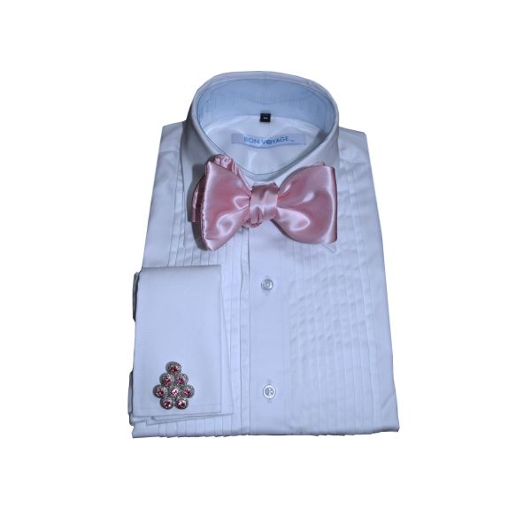 Fuscia Pink bling cufflinks with silver setting on a display shirt against a white background