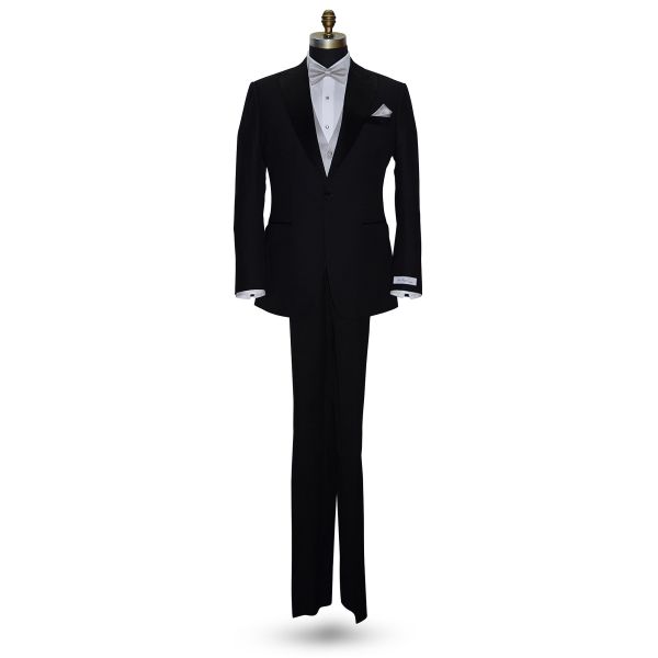 life size full mannequin wearing a black tuxedo with a white tuxdo shirt with a moonlight-gray "pre-tied" bowtie and vest against a white background