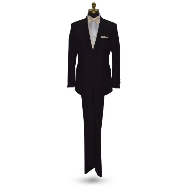 life size full mannequin wearing a black tuxedo with white tuxedo shirt and champagne "tie-yourself" bowtie and champagne vest against a white background