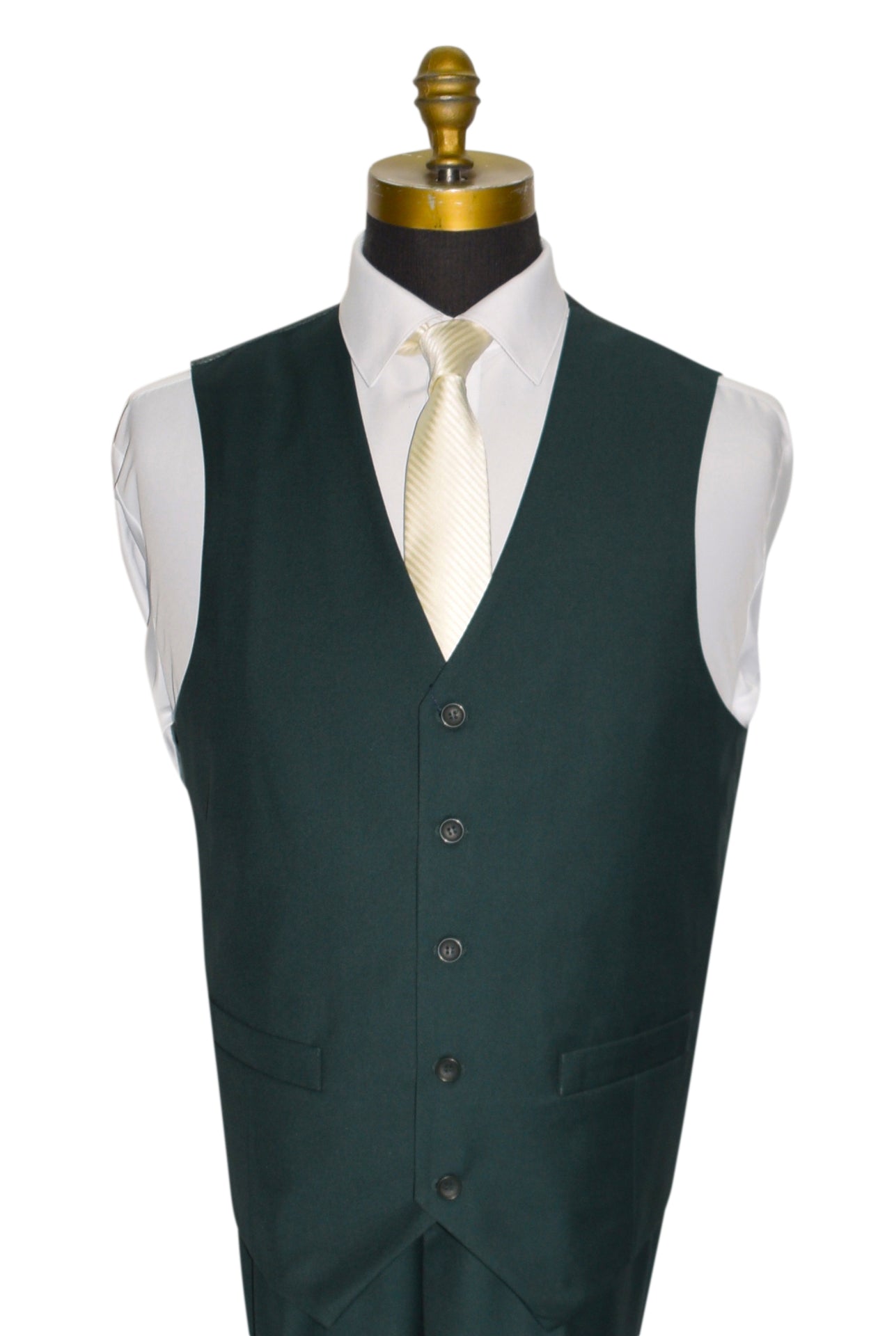 Hunter green vest with a white shirt and ivory necktie on a mannequin against a white background