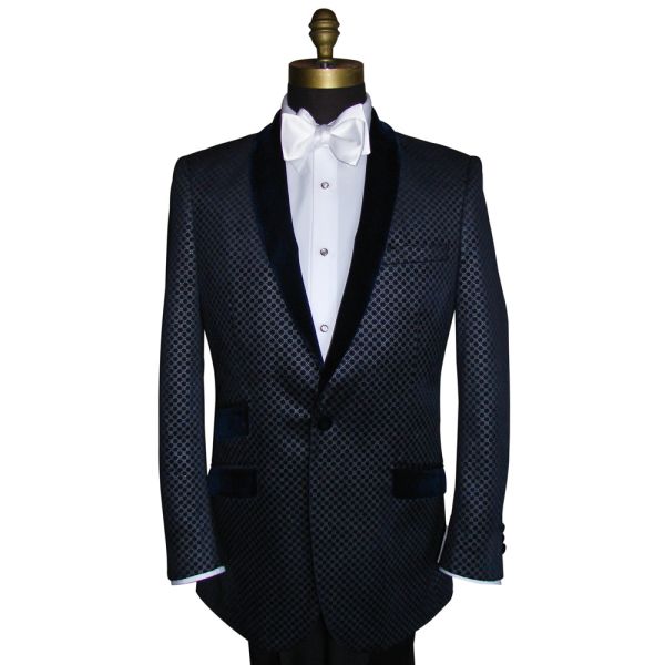 Blue Velvet with Silver Geometric Design Shawl Collar Dinner Jacket/Tuxedo- Ensemble