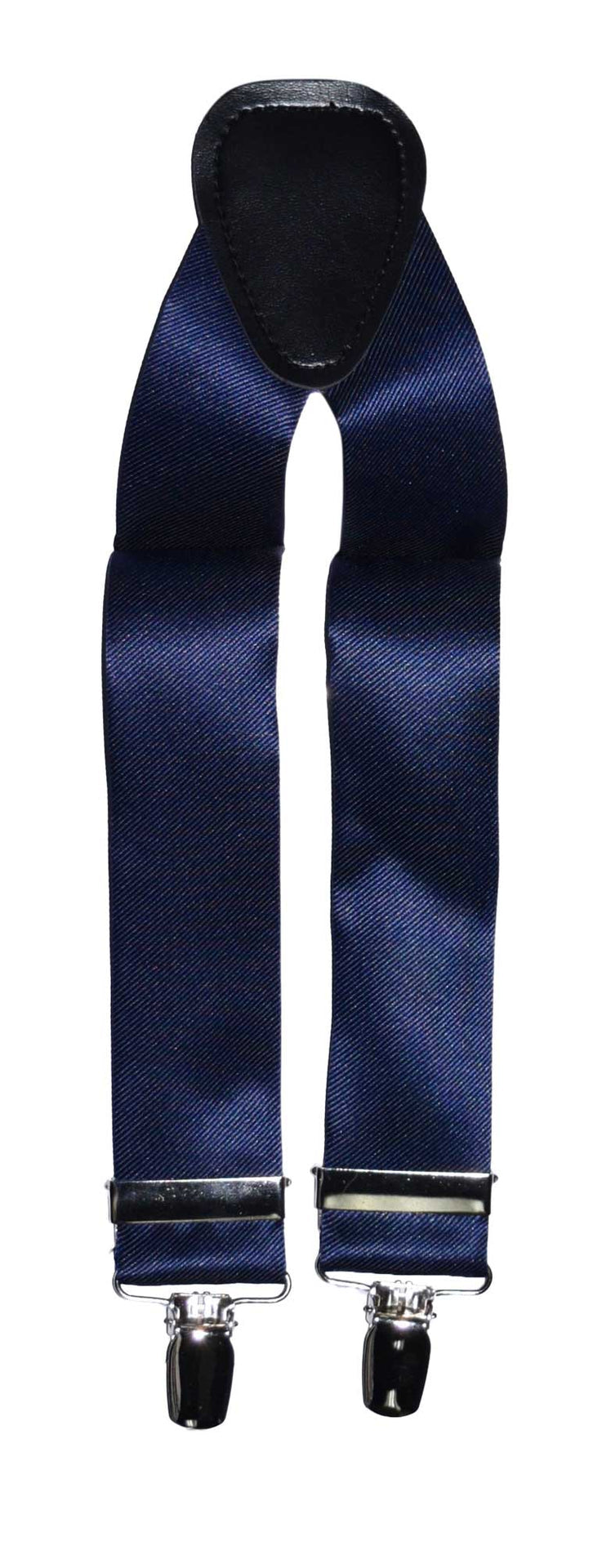Pair of marine blue satin suspenders with clips on a white background