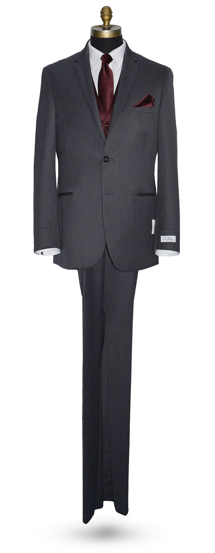 life-size mannequin wearing a Gray wedding suit with merlot vest and merlot bow tie against a white background