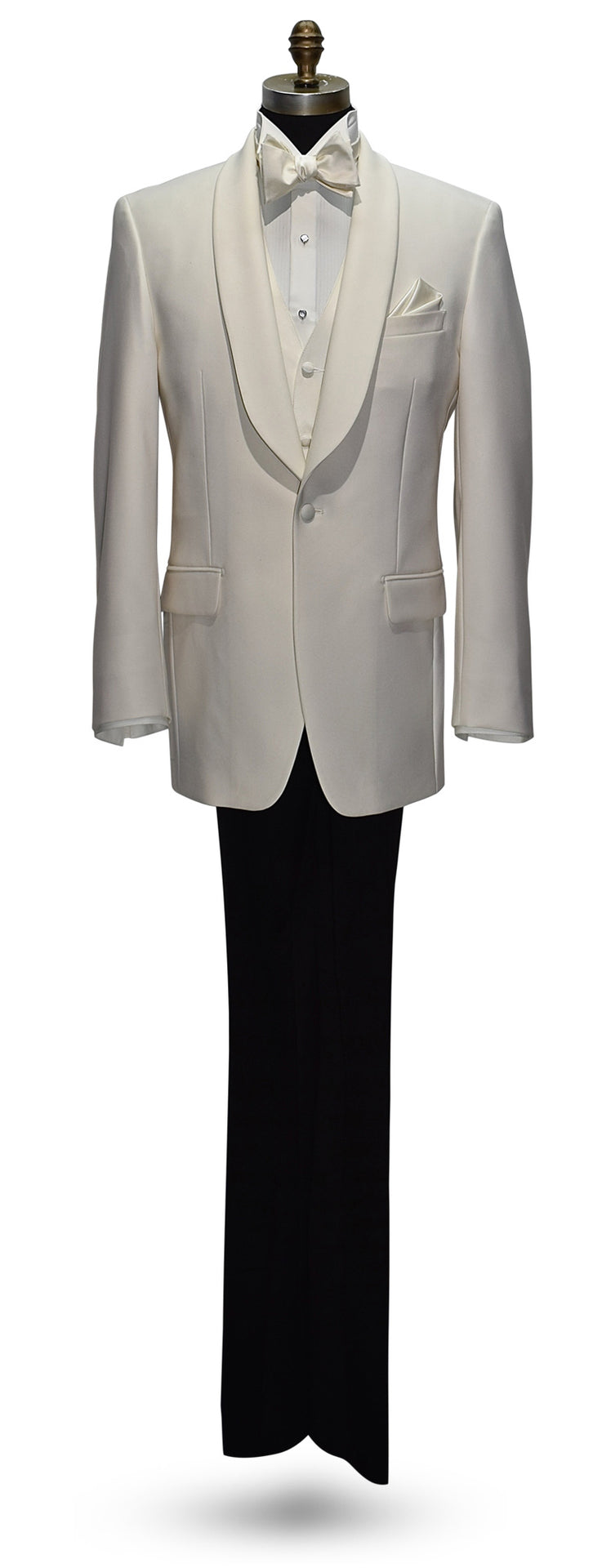 full length mannequin wearing an ivory shawl collar tuxedo with black tuxedo pants with an ivory tuxedo shirt and off-white "self-tie" bowtie