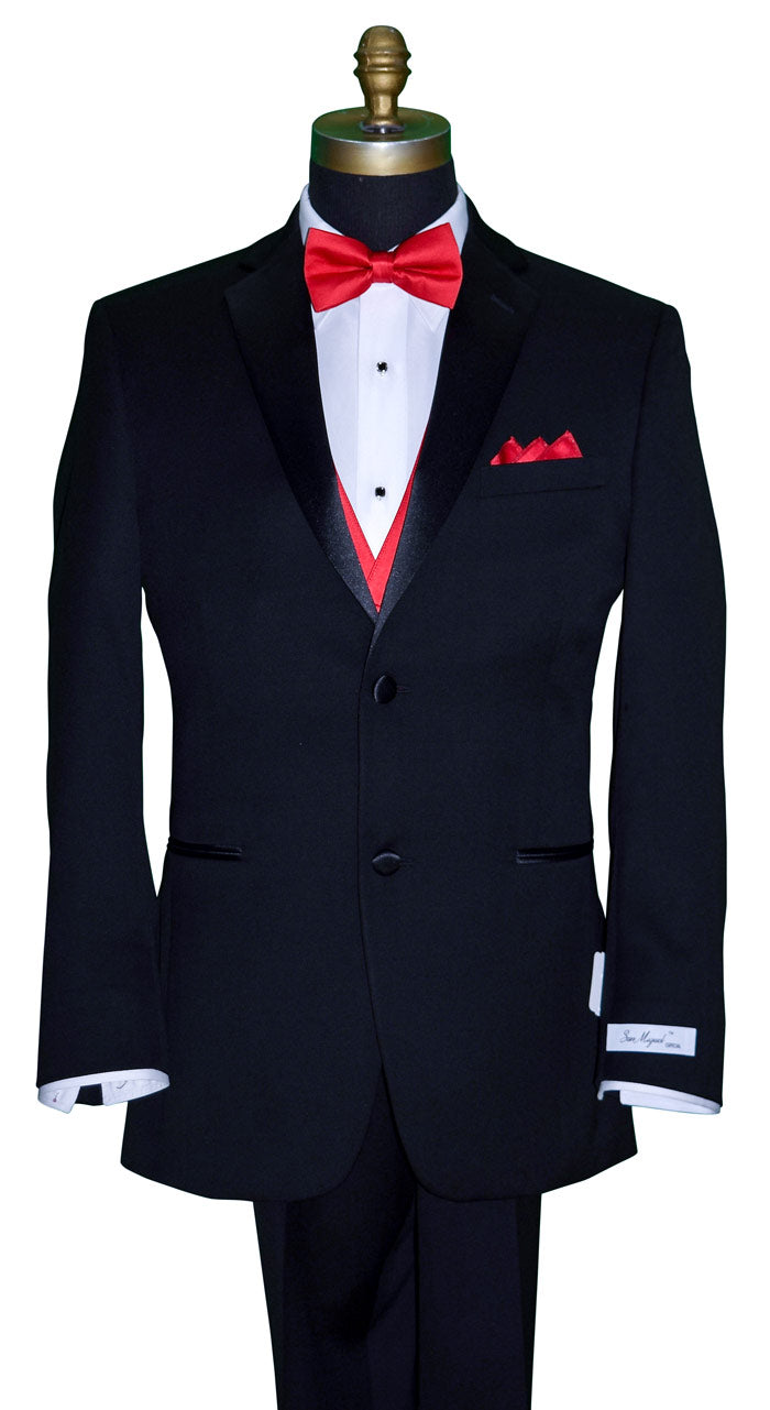 close-up mannequin black "San Miguel Especial" notch-lapel tuxedo with a red satin bowtie and red satin tuxedo vest against a white background