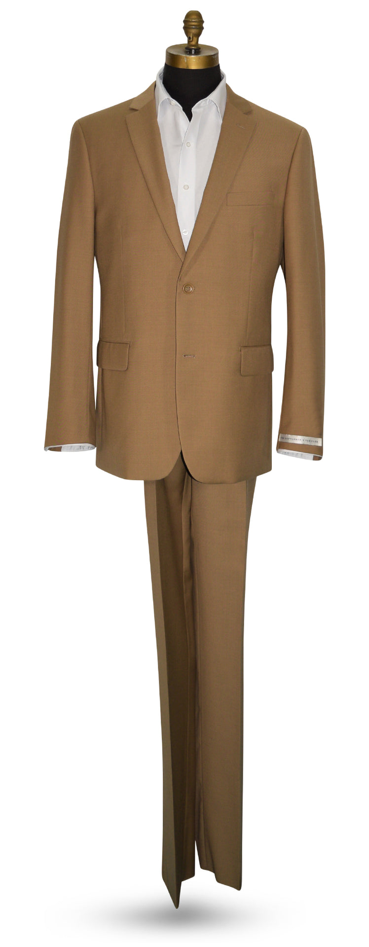 life size mannequin wearing a golden tan men's suit with a white mens dress shirt against a white background
