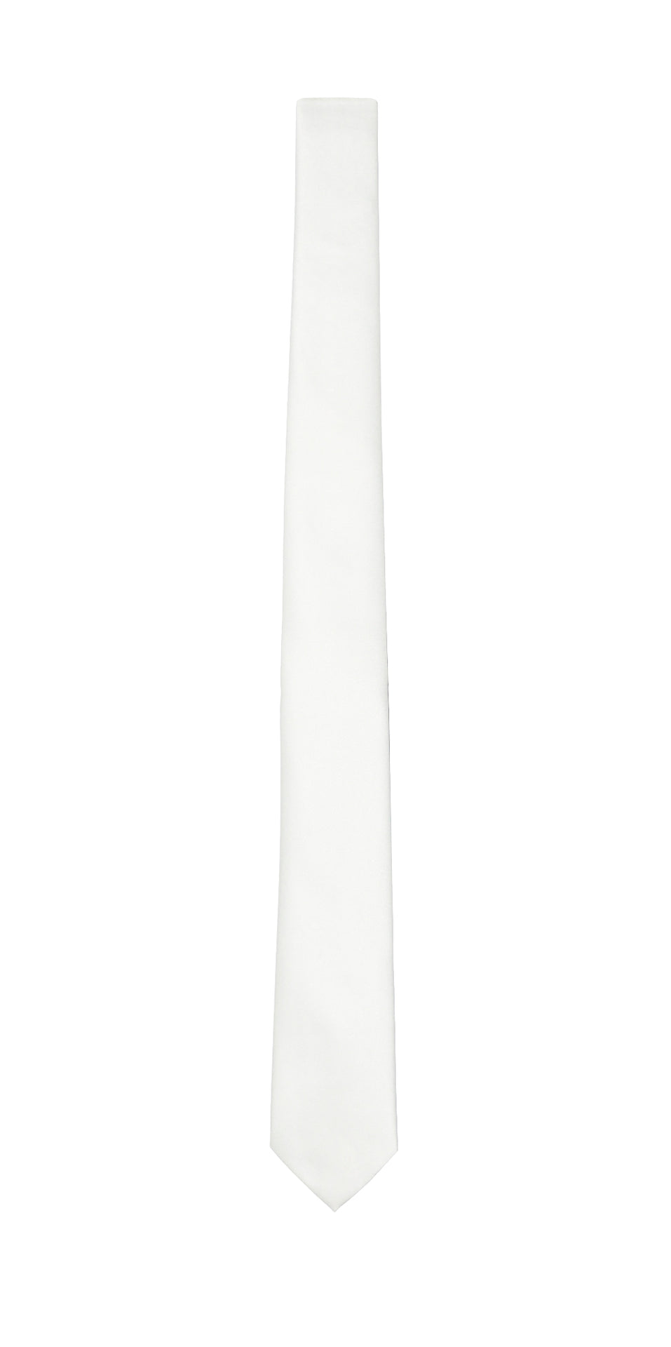 White skinny low-luster satin necktie on a white background
