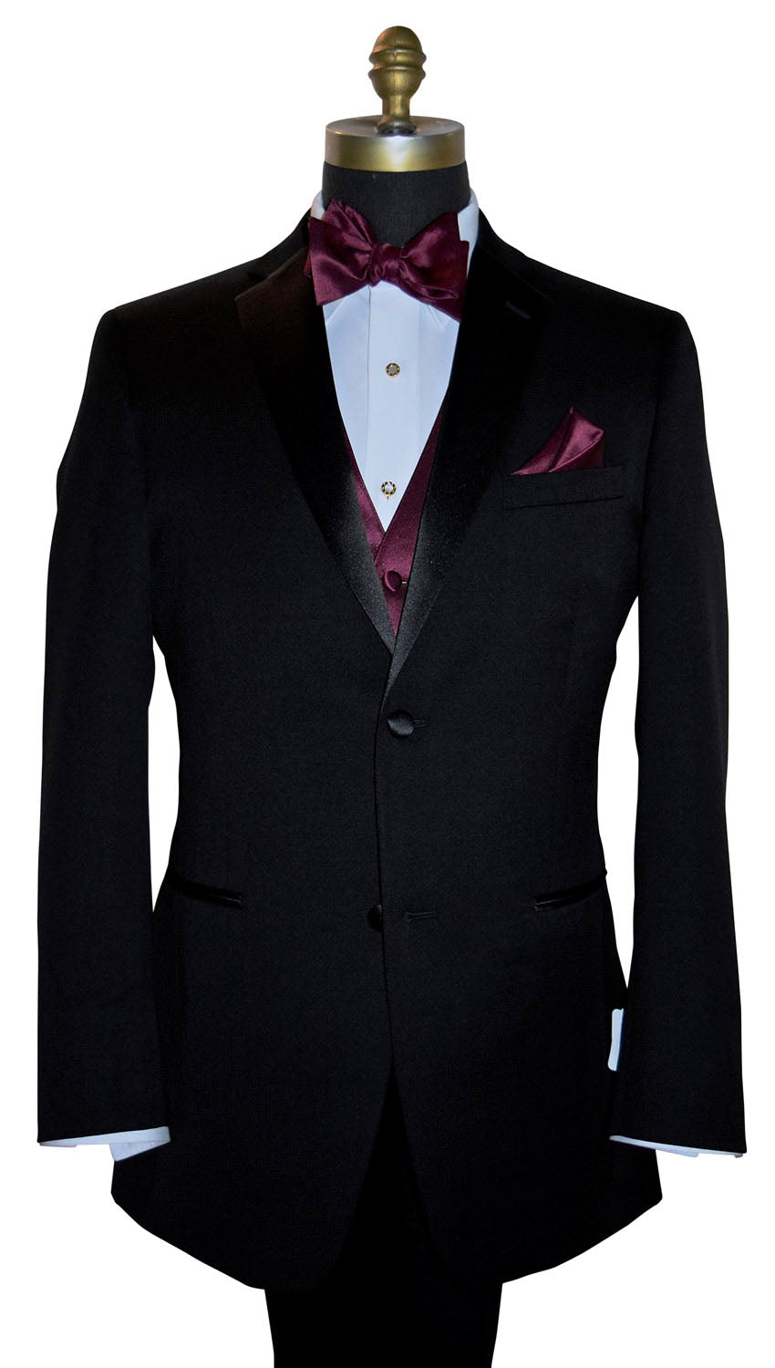 Black tuxedo with a `wine "tie-yourself" bow tie and pocket square on a mannequin against a white background