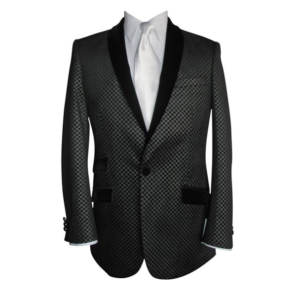 Black Velvet with Silver Geometric Design Shawl Collar Dinner Jacket/Tuxedo- Ensemble