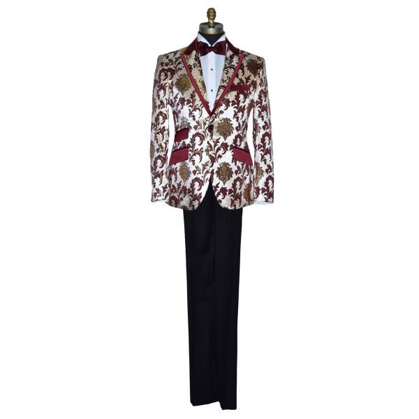 Champagne Tuxedo with Burgundy and Gold Brocade Ensemble