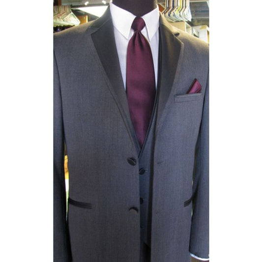 Charcoal Gray Tuxedo with Matching 3 Button Vest and Sangria Wine Satin Dress Tie