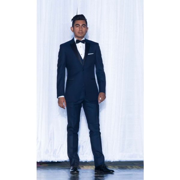 Navy Blue Tuxedo with Matching Vest and Black Satin Bow Tie
