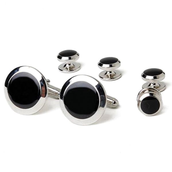 SILVER AND BLACK CUFFLINKS AND STUD SET