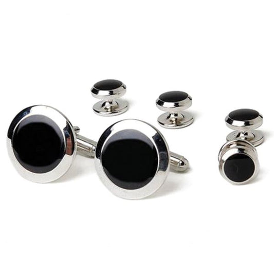 SILVER AND BLACK CUFFLINKS AND STUD SET