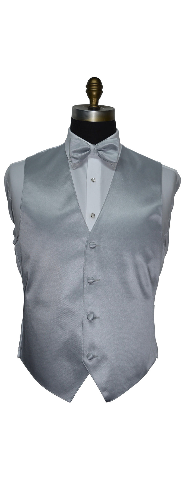 Silver vest and bow tie on a mannequin against a white background