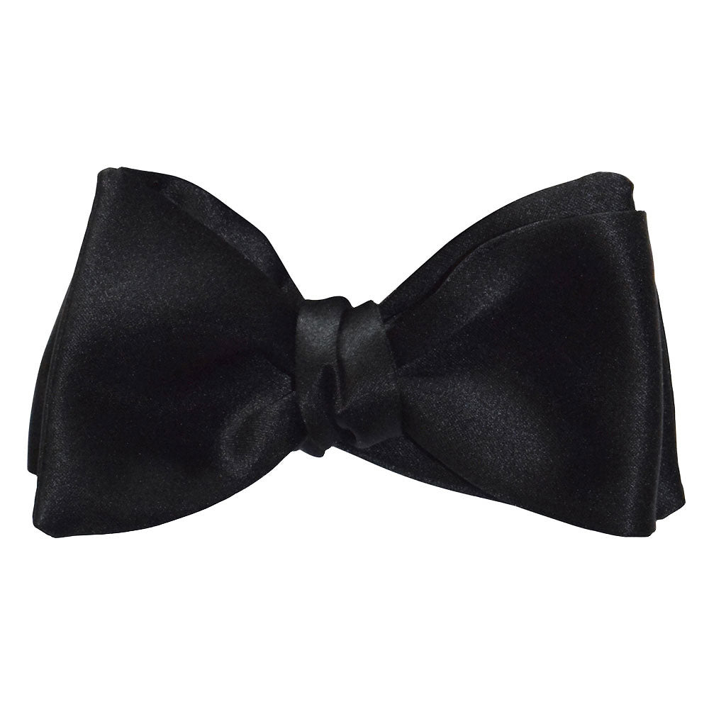 Black satin self-tie bow tie with 2.5 inch ends on white background