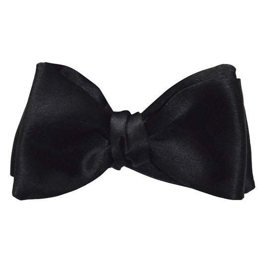 Black satin self-tie bow tie with 2.5 inch ends on white background