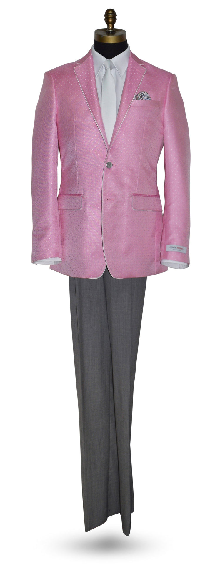 pink dinner jacket on a mannequin with a white long dress tie