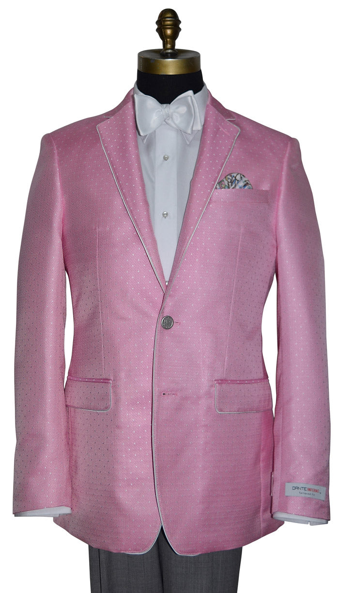 Pink dinner jacket on a mannequin with a white shirt and pocket square.