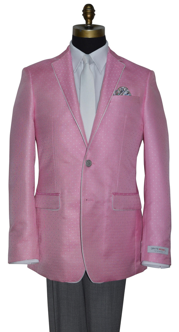 Pink blazer with white trim on a mannequin against a white background