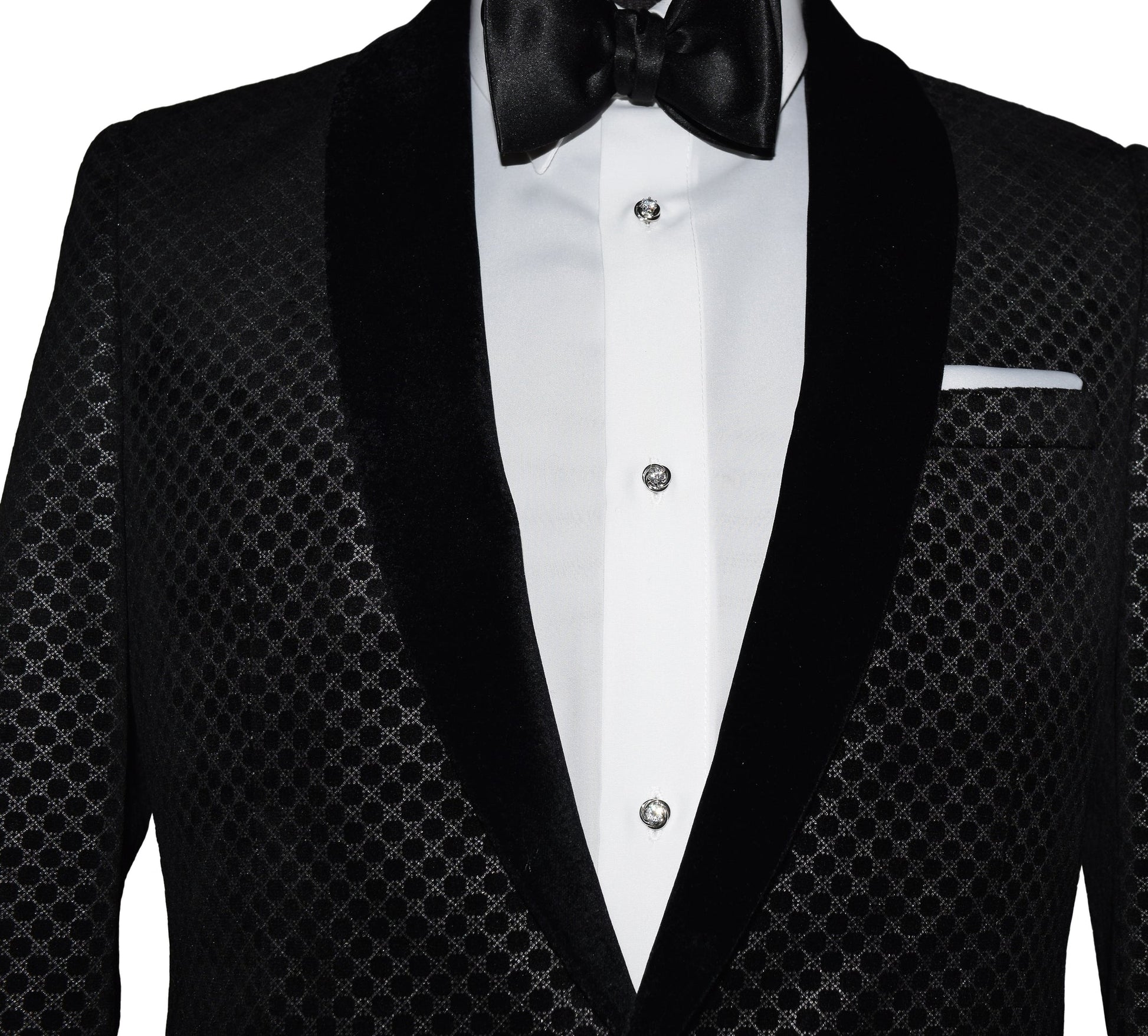 Black velvet shawl collar tuxedo with white shirt and bow tie and crystal studs and cufflinks on a white background