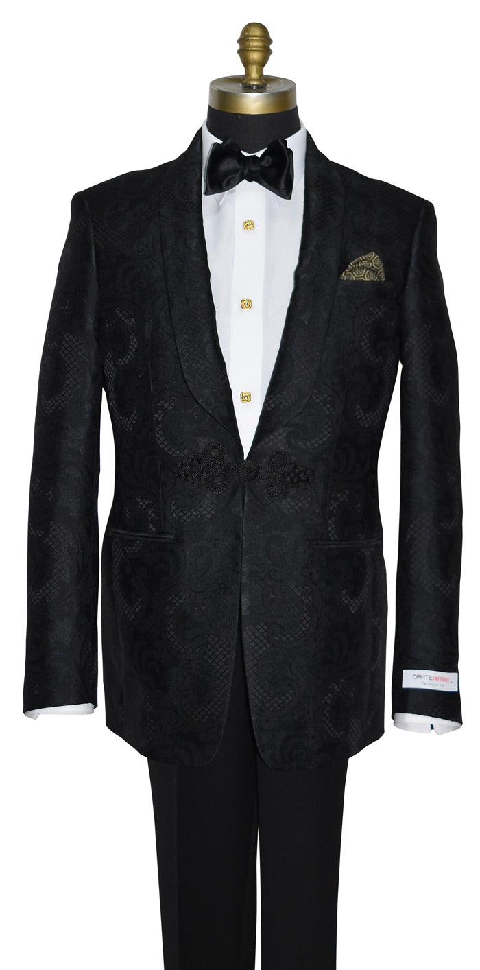 close up front view of mannequin wearing Black shawl collar dinner jacket with brocade pattern shown with white tuxedo shirt and black bow tie on a white background