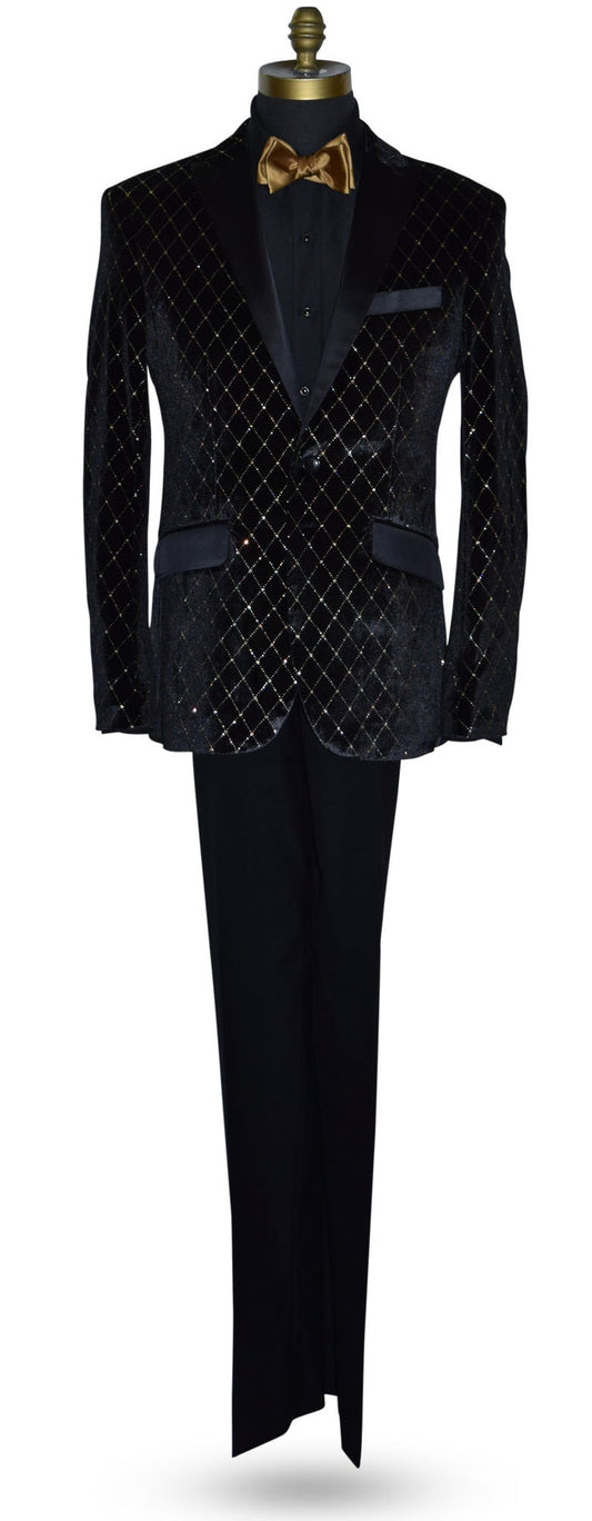 Black velvet jacket with gold diamonds shown with black pants with a gold bow tie on a mannequin against a white background