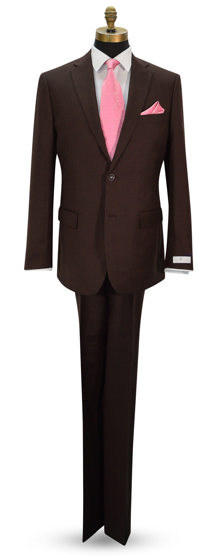life size mannequin wearing a chocolate brown men's lightweight wool suit with a white dress shirt and a pink necktie and pocket handkerchief against a white background