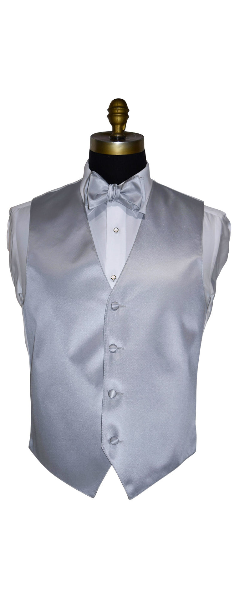 Silver vest and silver "tie-yourself" bow tie set on a mannequin against a white background