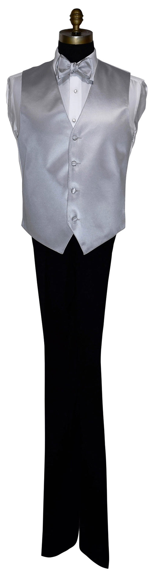 full manequin wearing a silver tuxedo vest with a silver "tie-yourself" bowtie against a white background