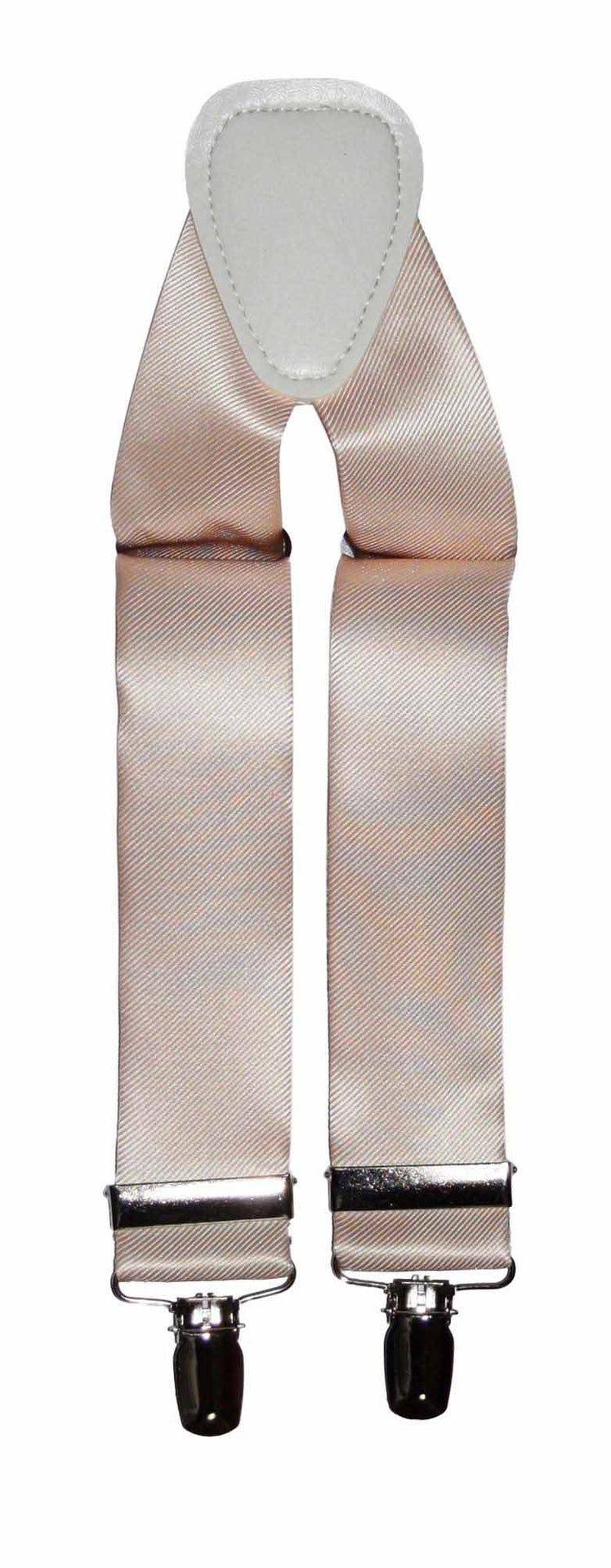 nude satin suspenders with clips against a white background