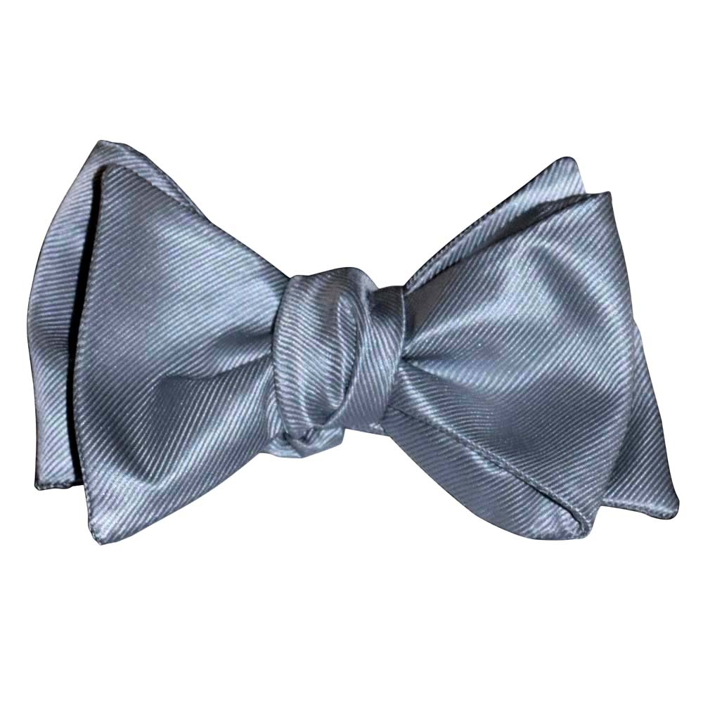silver "tie-yourself" bowtie against a white background
