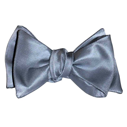 silver "tie-yourself" bowtie against a white background