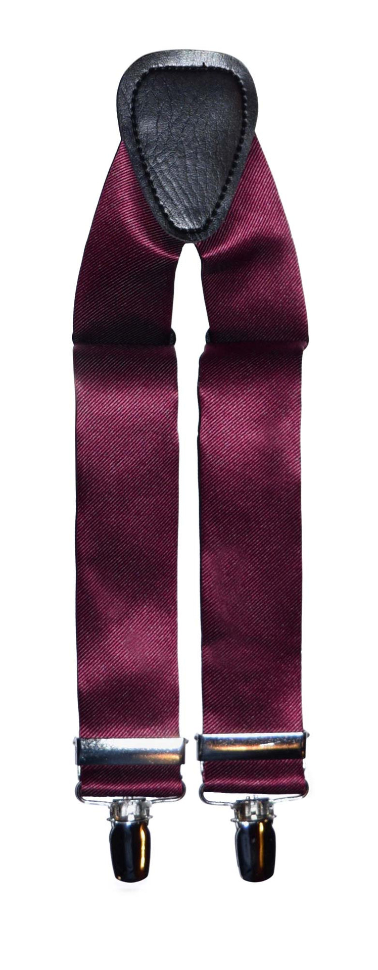 wine color satin suspenders against white background