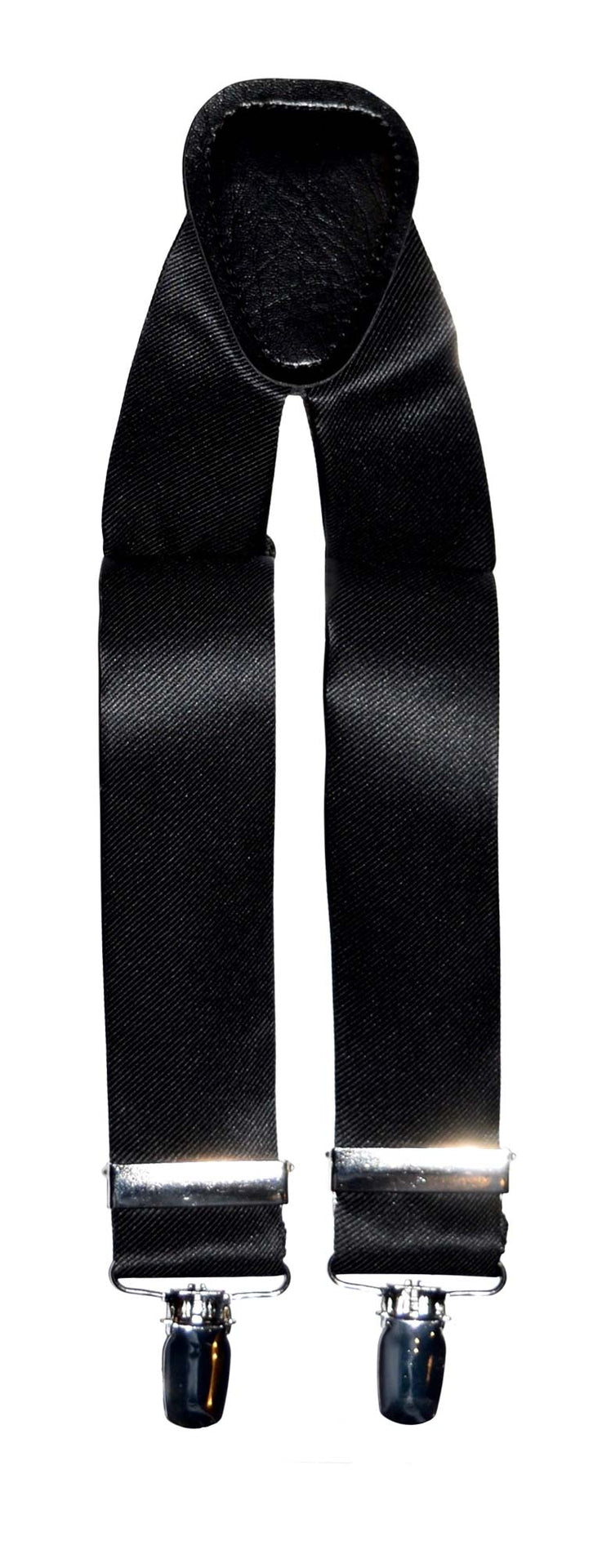 Black satin suspenders with silver clips on a white background
