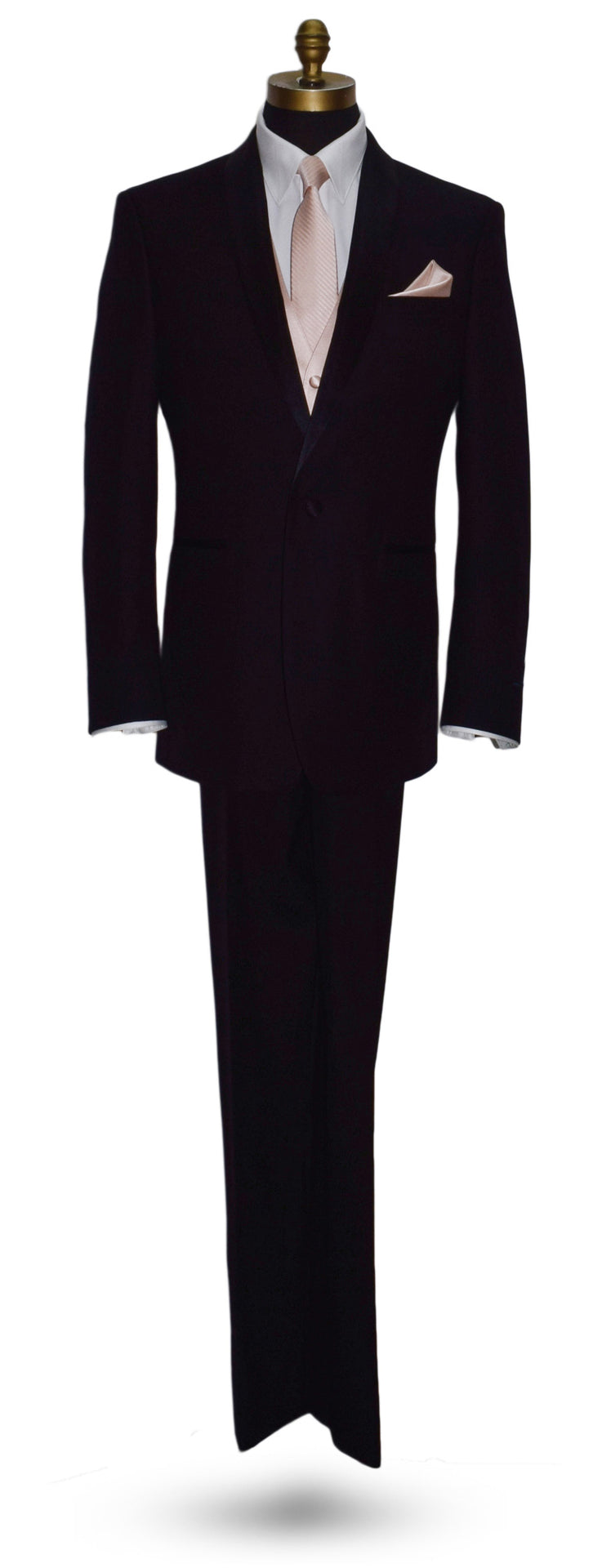 life size black tuxedo with white shirt and petal necktie with subtle stripe against white background